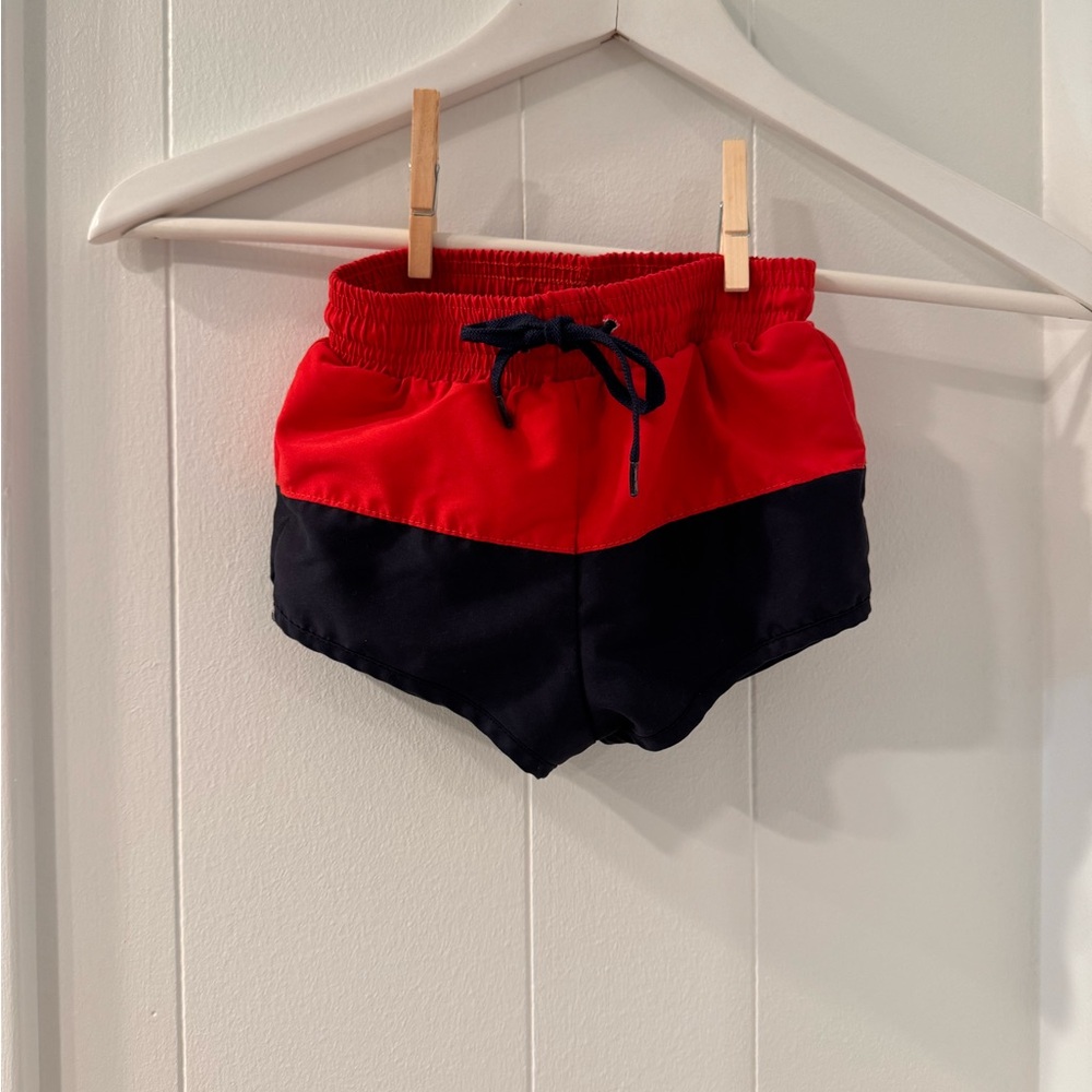 Minnow Boys Swim Trunks, Red & Navy print, 2T
